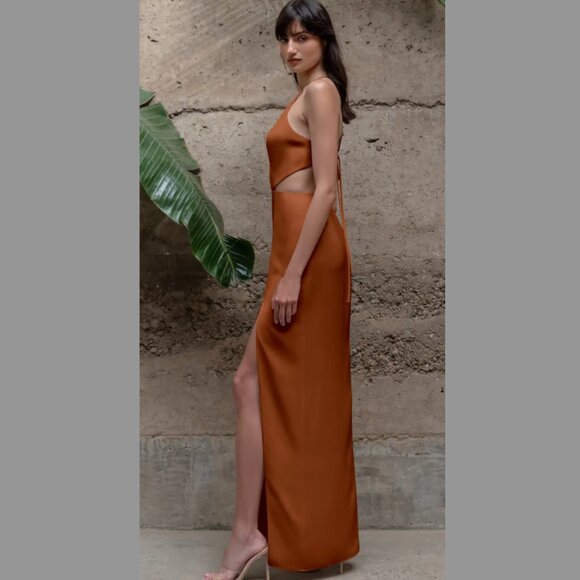 Jenny Yoo Kindra Dress - Copper Satin Halter Gown, Size 4, Strappy Back & Waist - Picture 2 of 3
